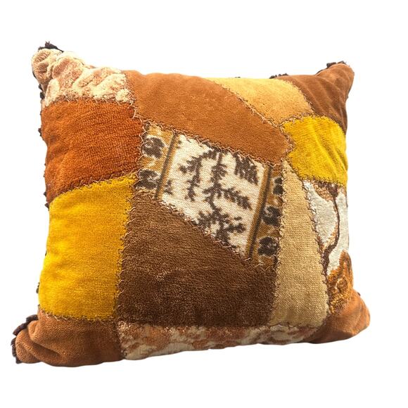 VTG Patchwork Throw Pillow 14” Brown Orange Yellow Striped Retro Boho Velour 70s - Picture 2 of 16